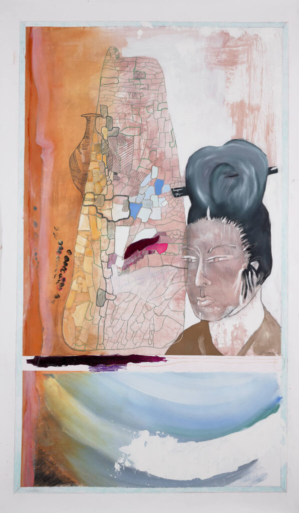 Dialog III, 2018, 174x105cm, Öl, Blei- und Buntstift auf Papier