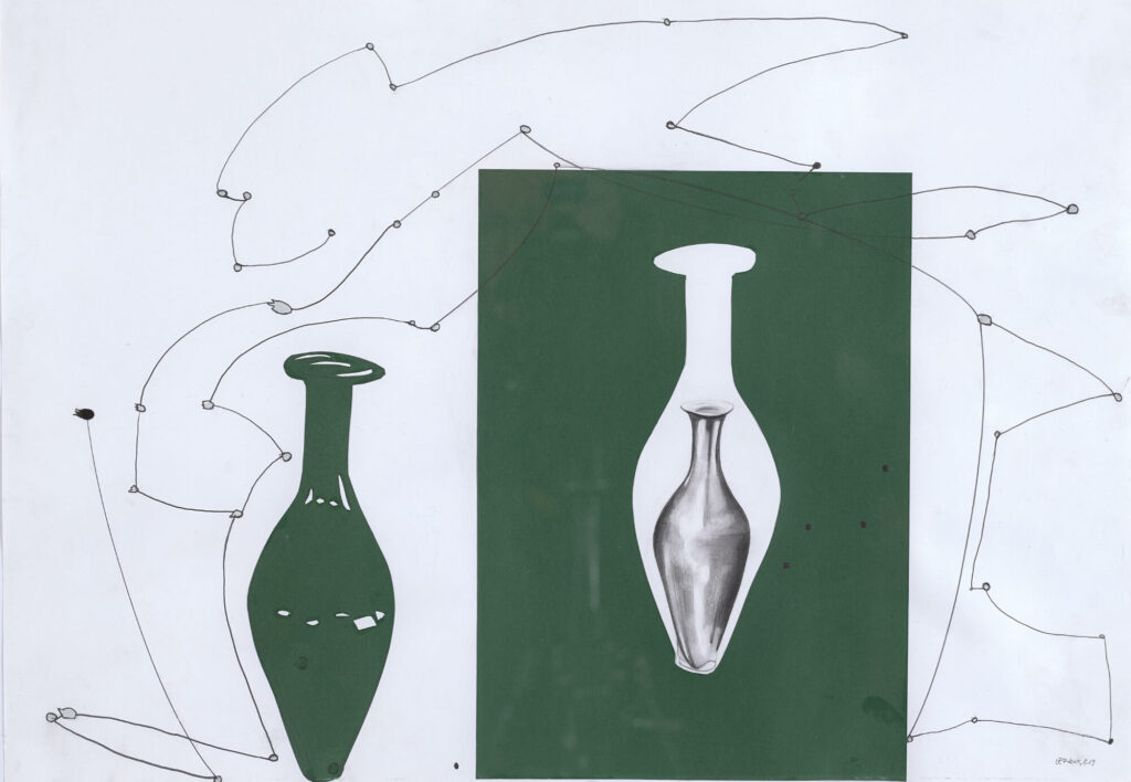 Rückdoppelung II, 2019, 44x63cm, Bleistift, farbiger Karton collagiert auf Papier