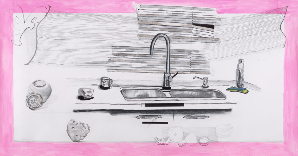 Triumph des Alltags I, 2019, 105x200cm, Kohle, Bleistift, Acryl auf Papier