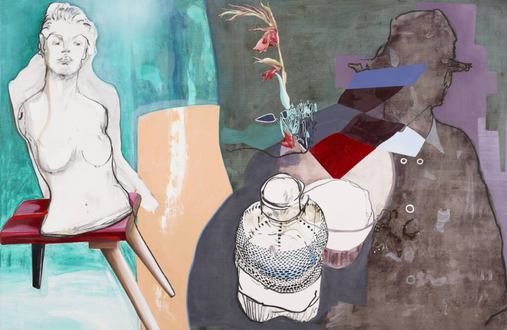 falsches Verstehen III, 2020, 115x175cm, Öl, Kohle, Pastell auf Leinwand