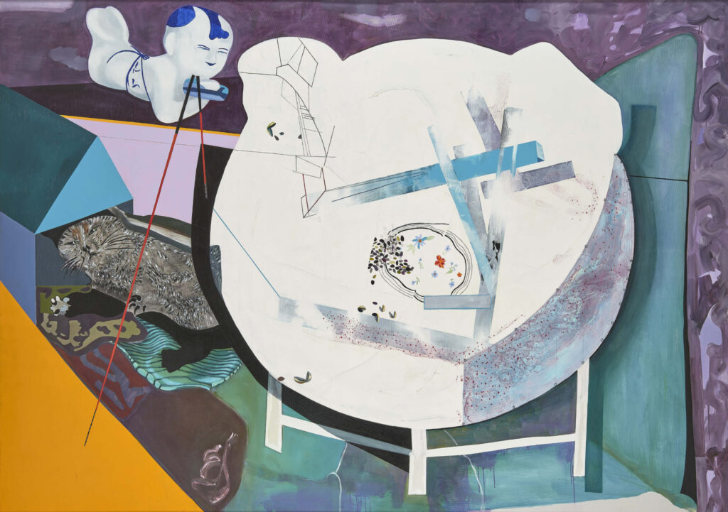 Tischvorlage: Montag morgen, 2023, 150x210cm, Öl auf Leinwand