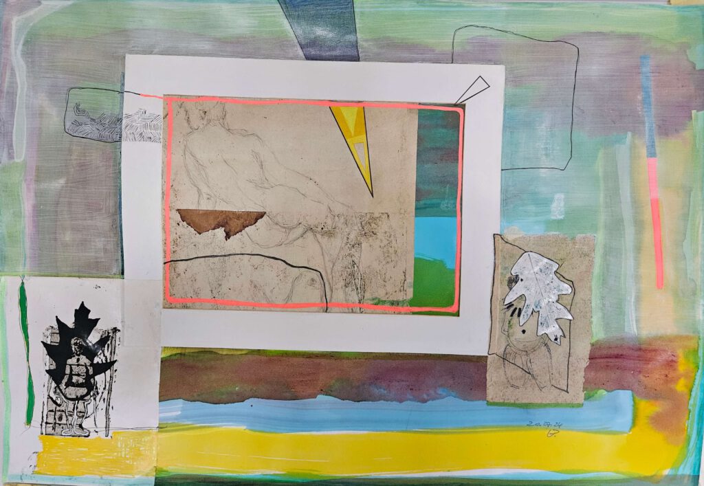 URR II, 2024, 70x100cm, Tempera, Ölfarbe, Bleistift, Papier auf Papier