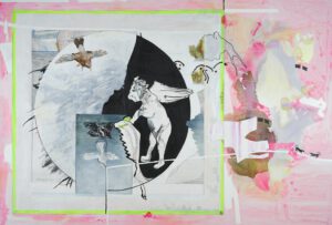 Territorialverhalten, 2025, 200x300cm, Lebensmittelfarbe, Bleistift, Öl, Papier auf Leinwand