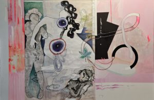 Zeitachse, 2025, 200x300cm, Lebensmittelfarbe, Bleistift, Öl, Papier auf Leinwand